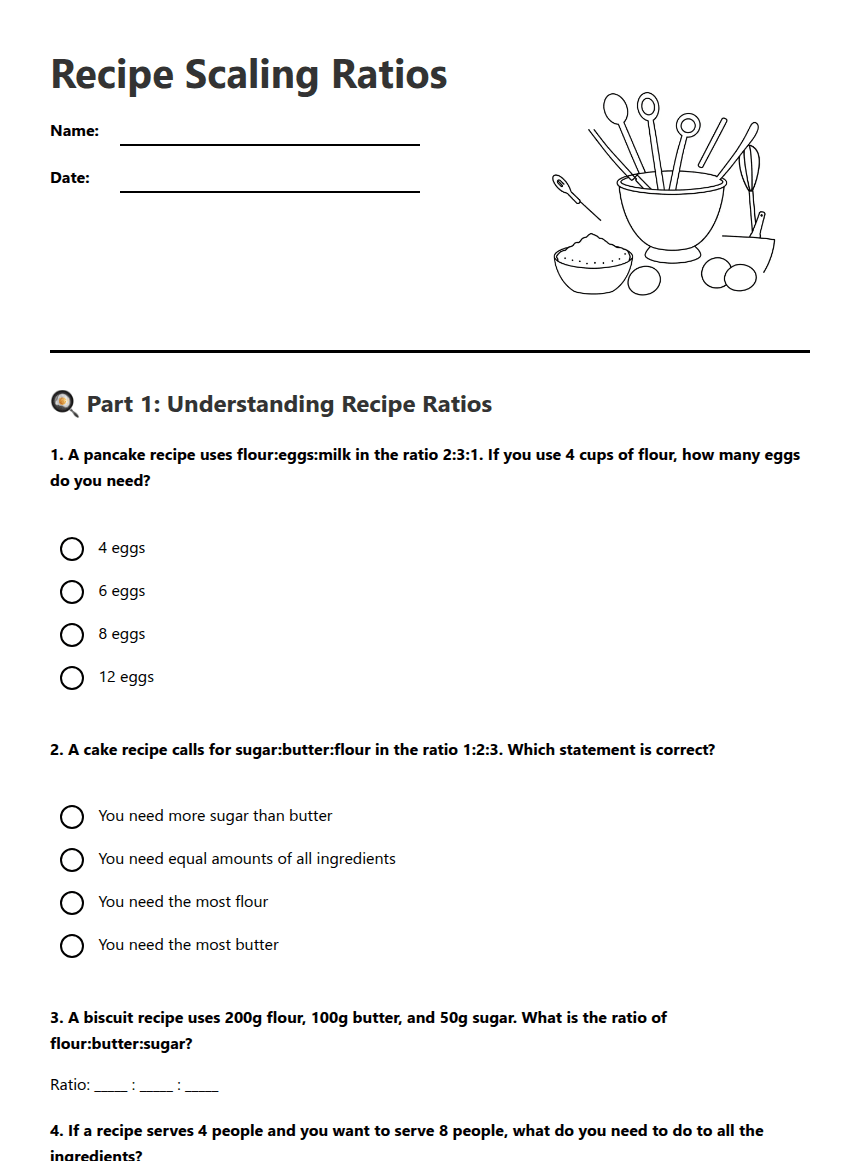 Recipe Scaling Ratios worksheet preview