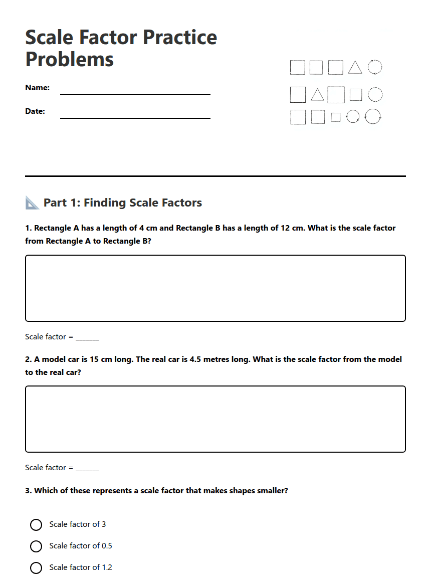 Scale Factor Practice Problems worksheet preview
