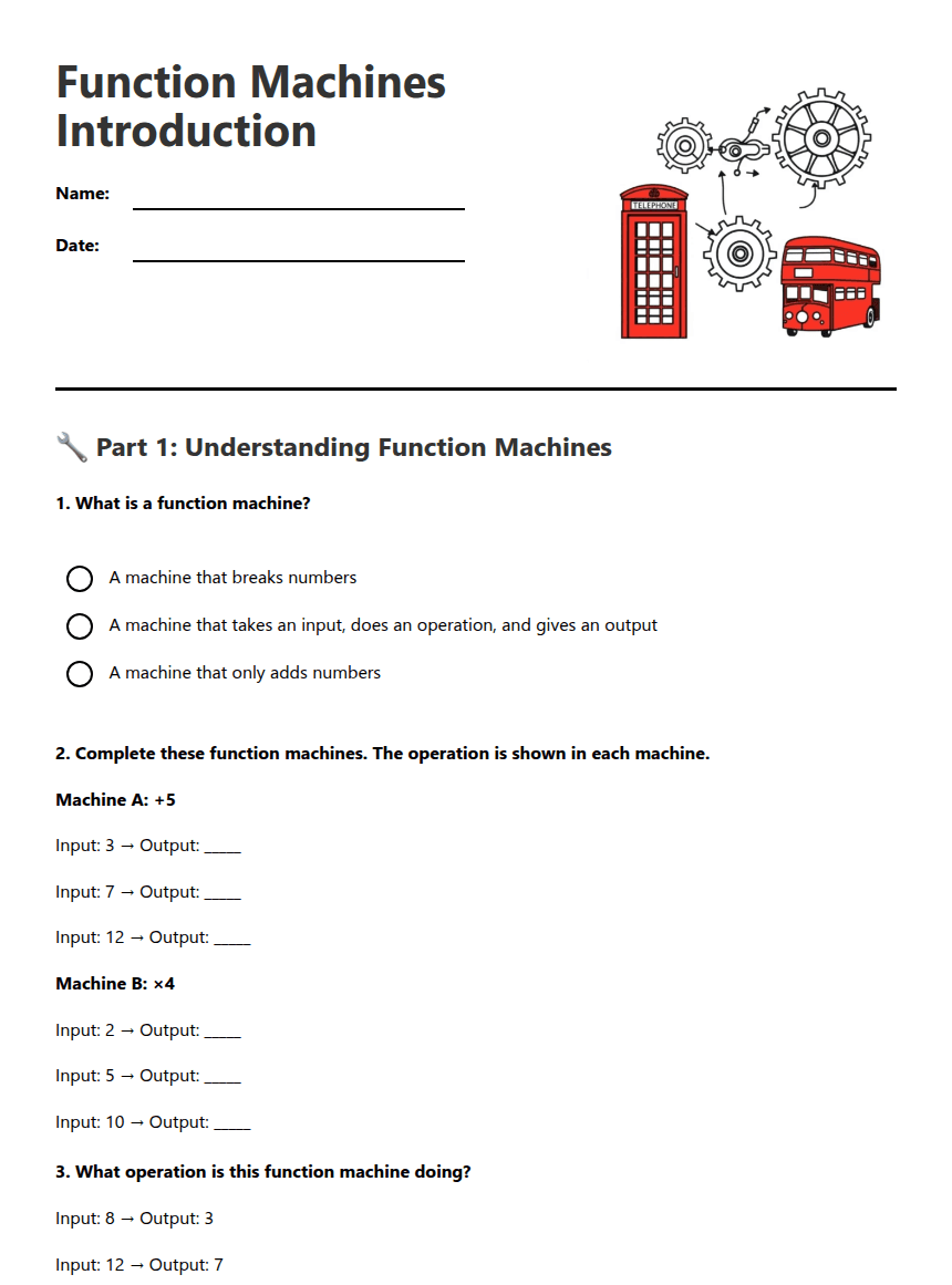 Function Machines Introduction worksheet preview