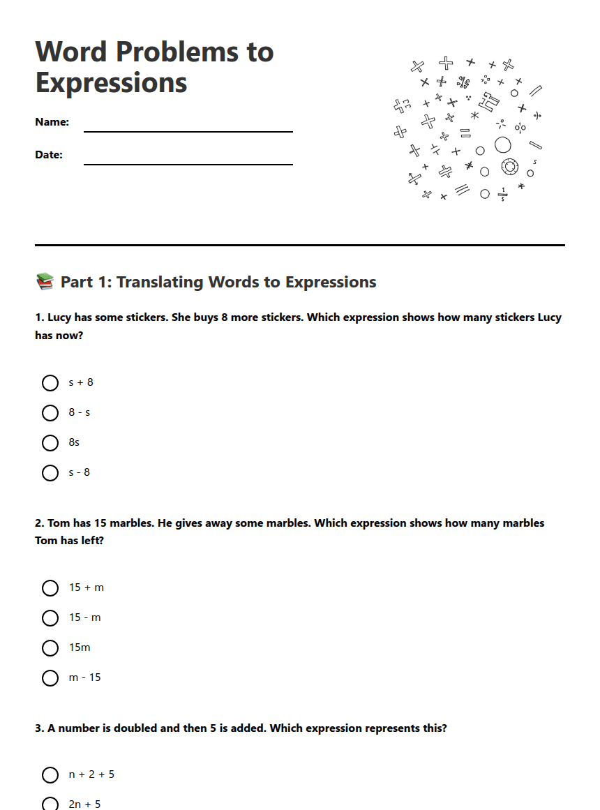 Word Problems to Expressions worksheet preview