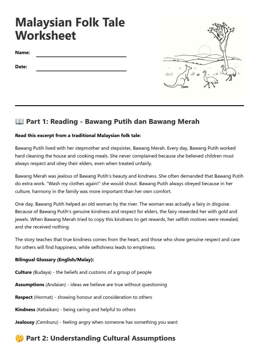 Malaysian Folk Tale Worksheet worksheet preview