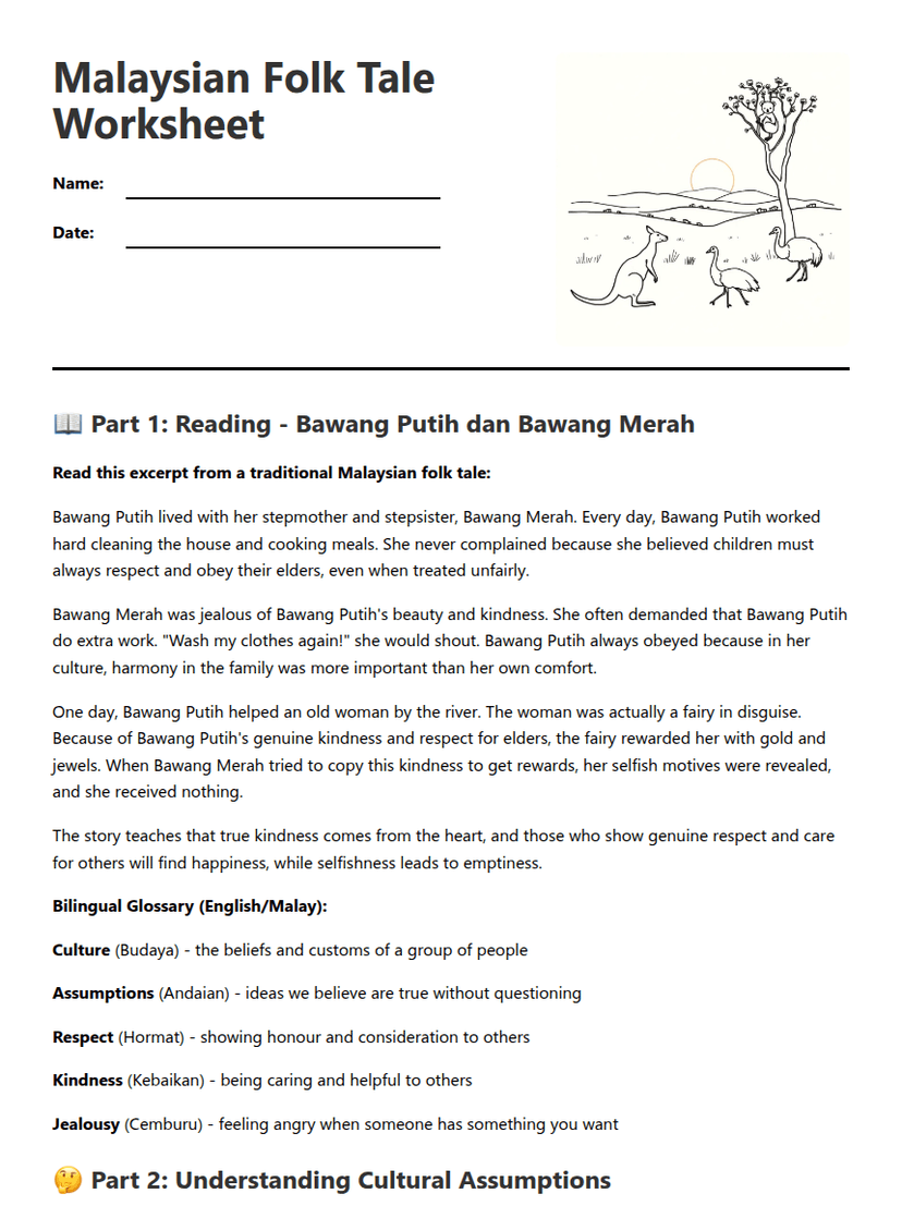 Malaysian Folk Tale Worksheet
