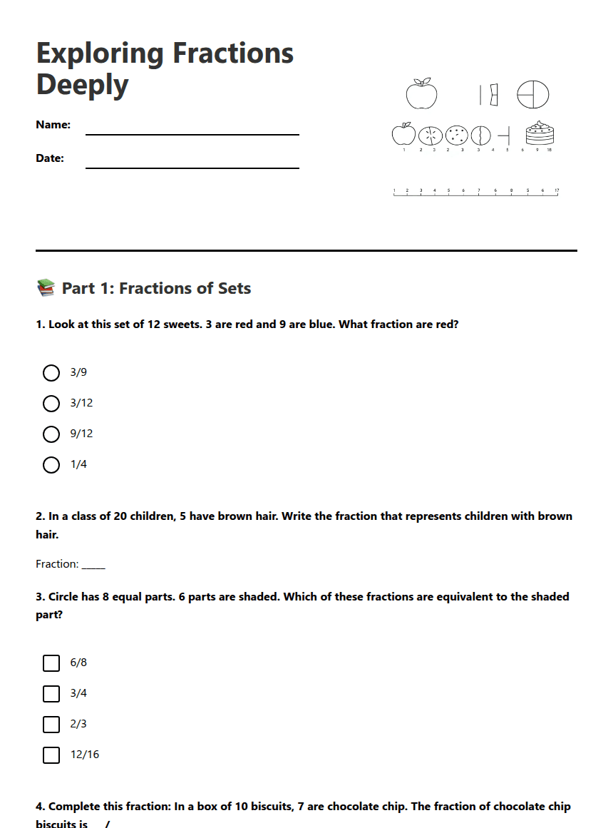 Exploring Fractions Deeply worksheet preview