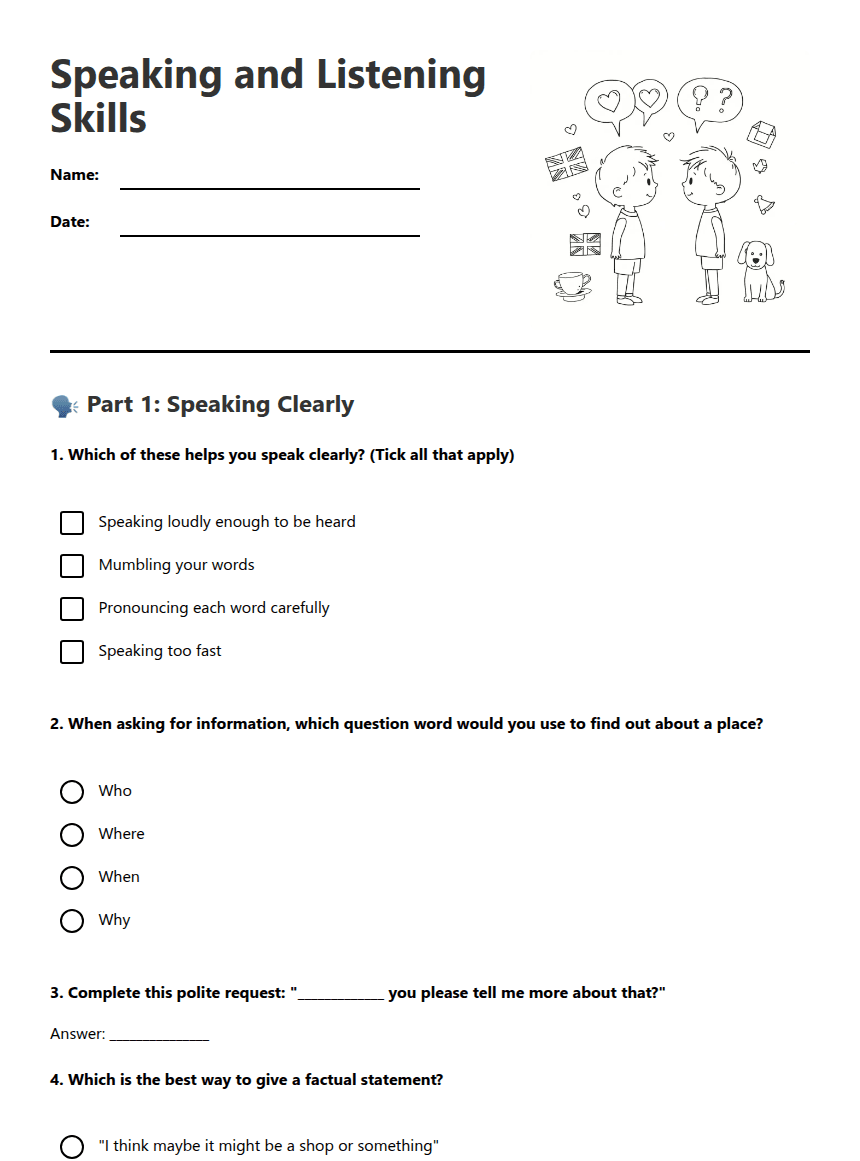 Speaking and Listening Skills worksheet preview