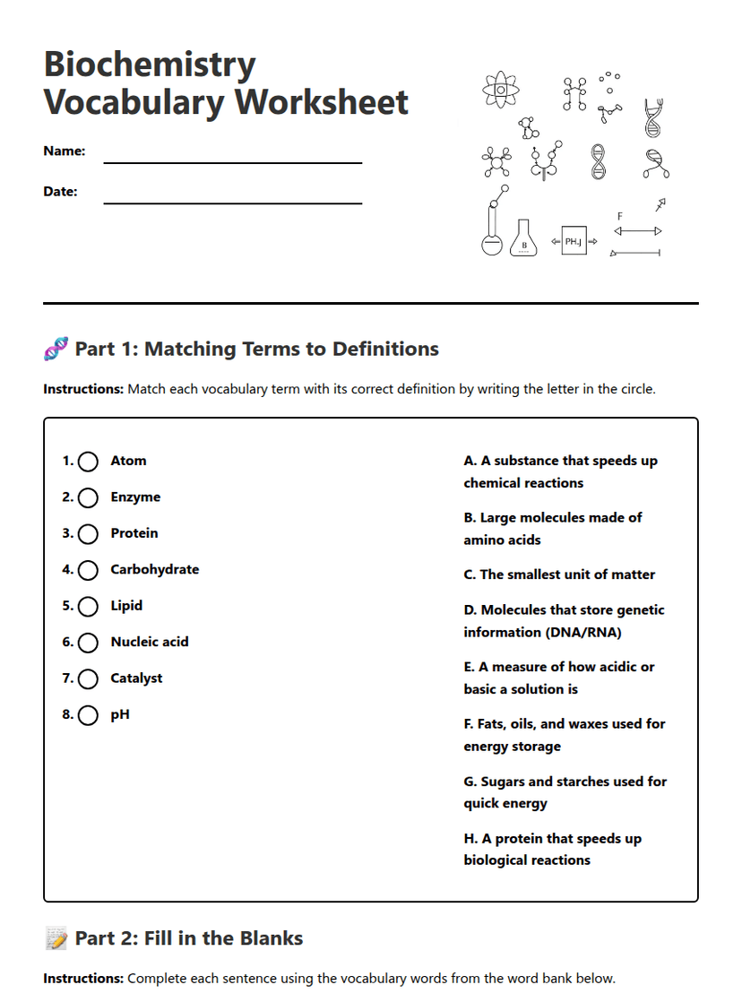 Biochemistry Vocabulary Worksheet