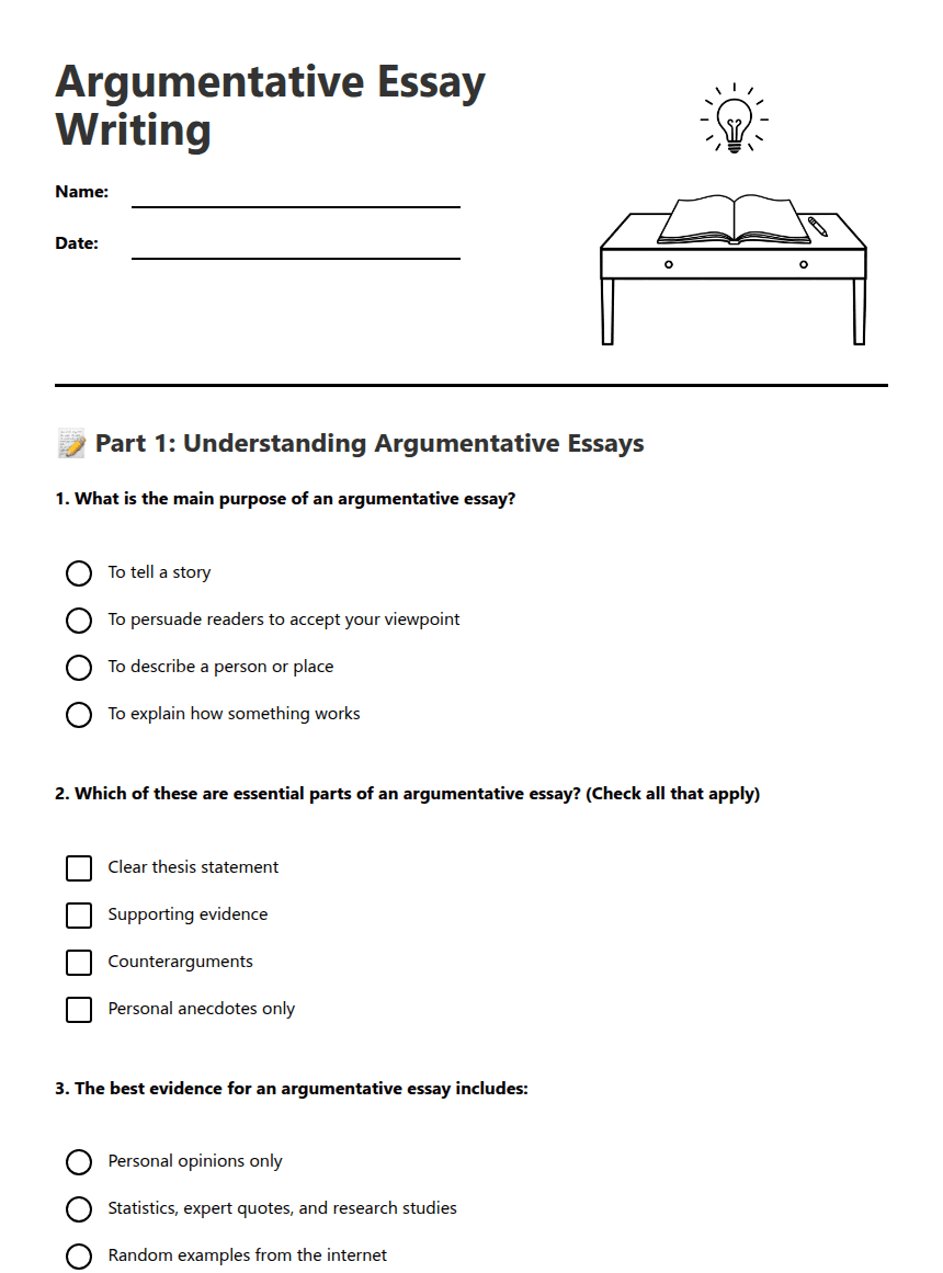 Argumentative Essay Writing worksheet preview
