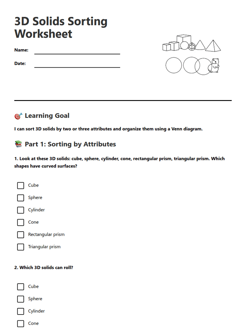 3D Solids Sorting Worksheet