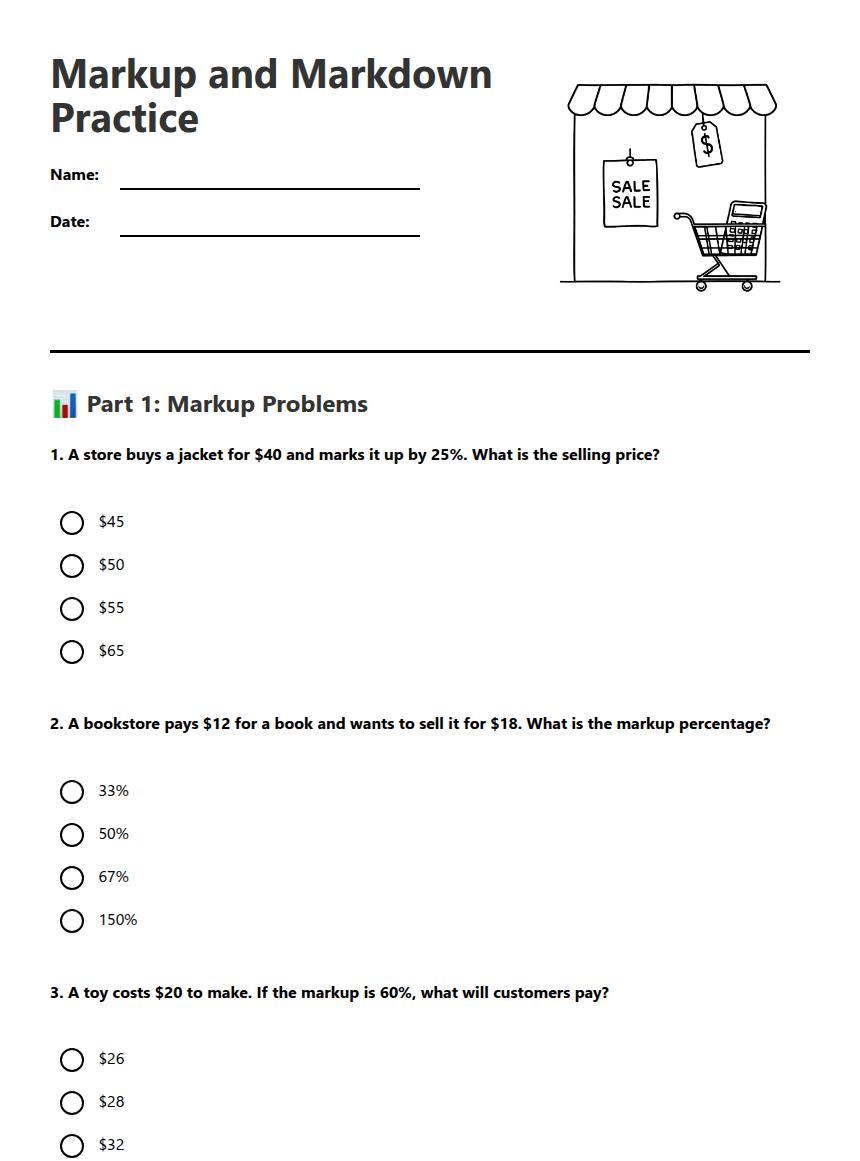 Markup and Markdown Practice worksheet preview