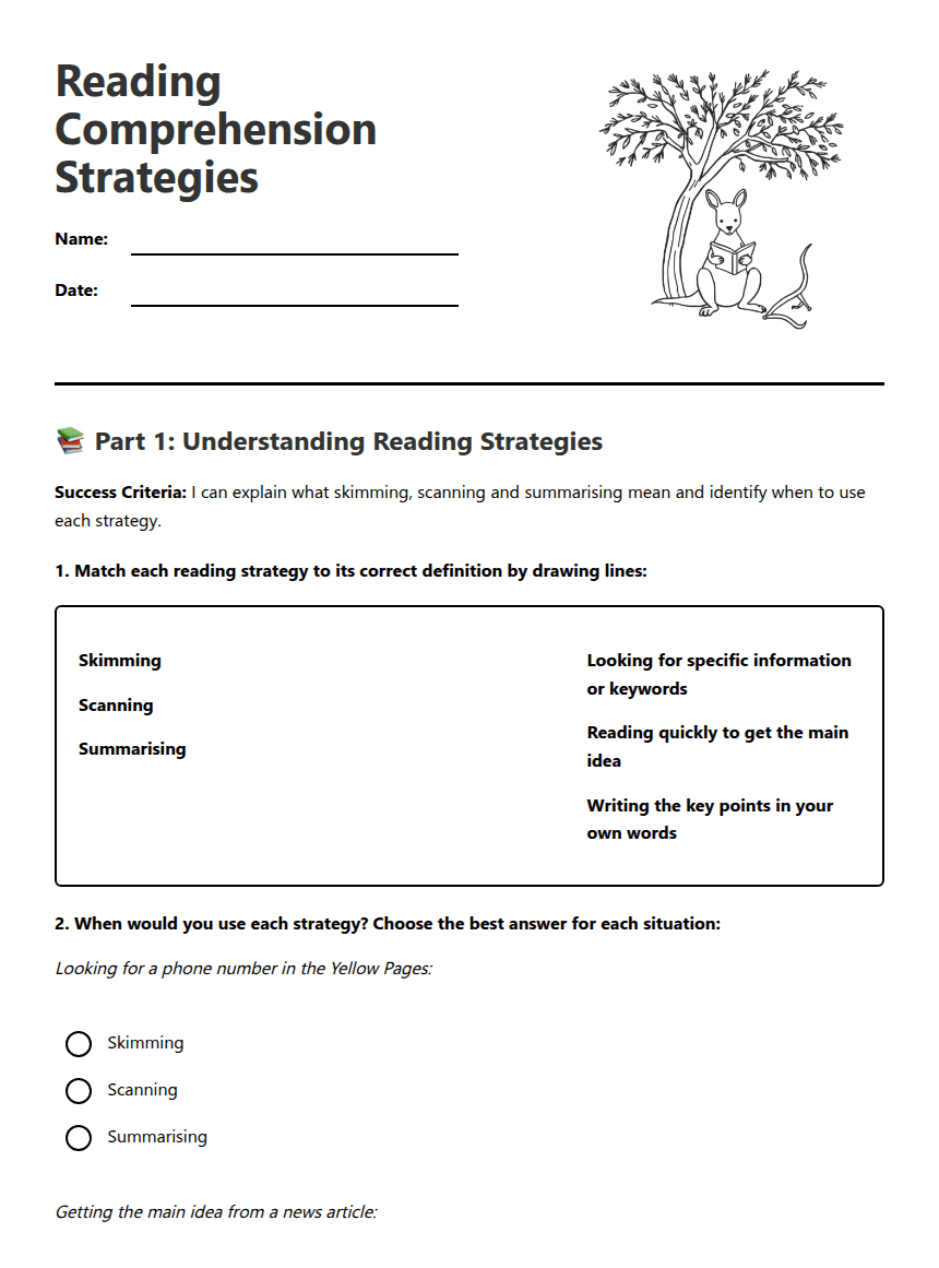 Reading Comprehension Strategies worksheet preview