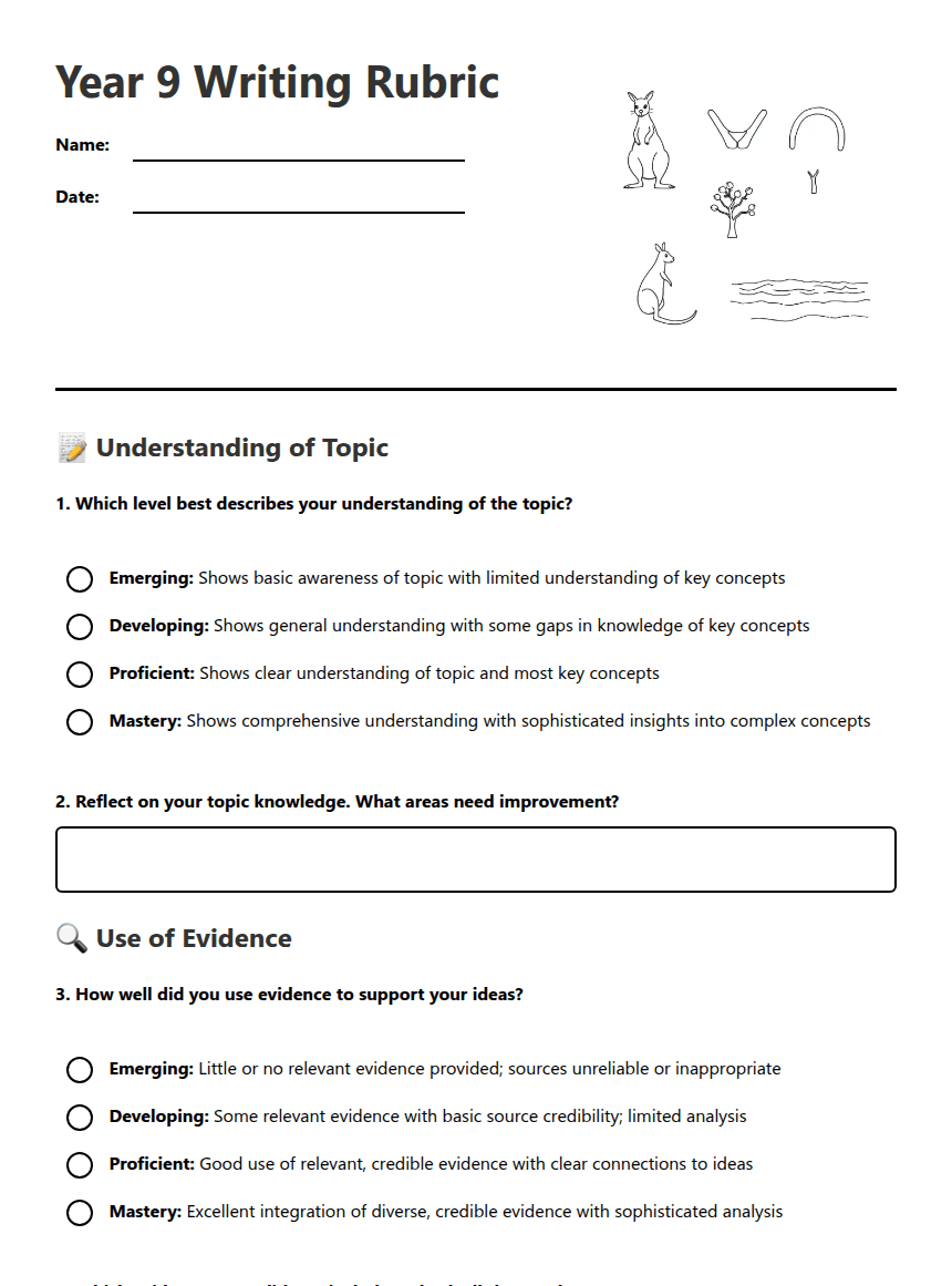 Year 9 Writing Rubric worksheet preview