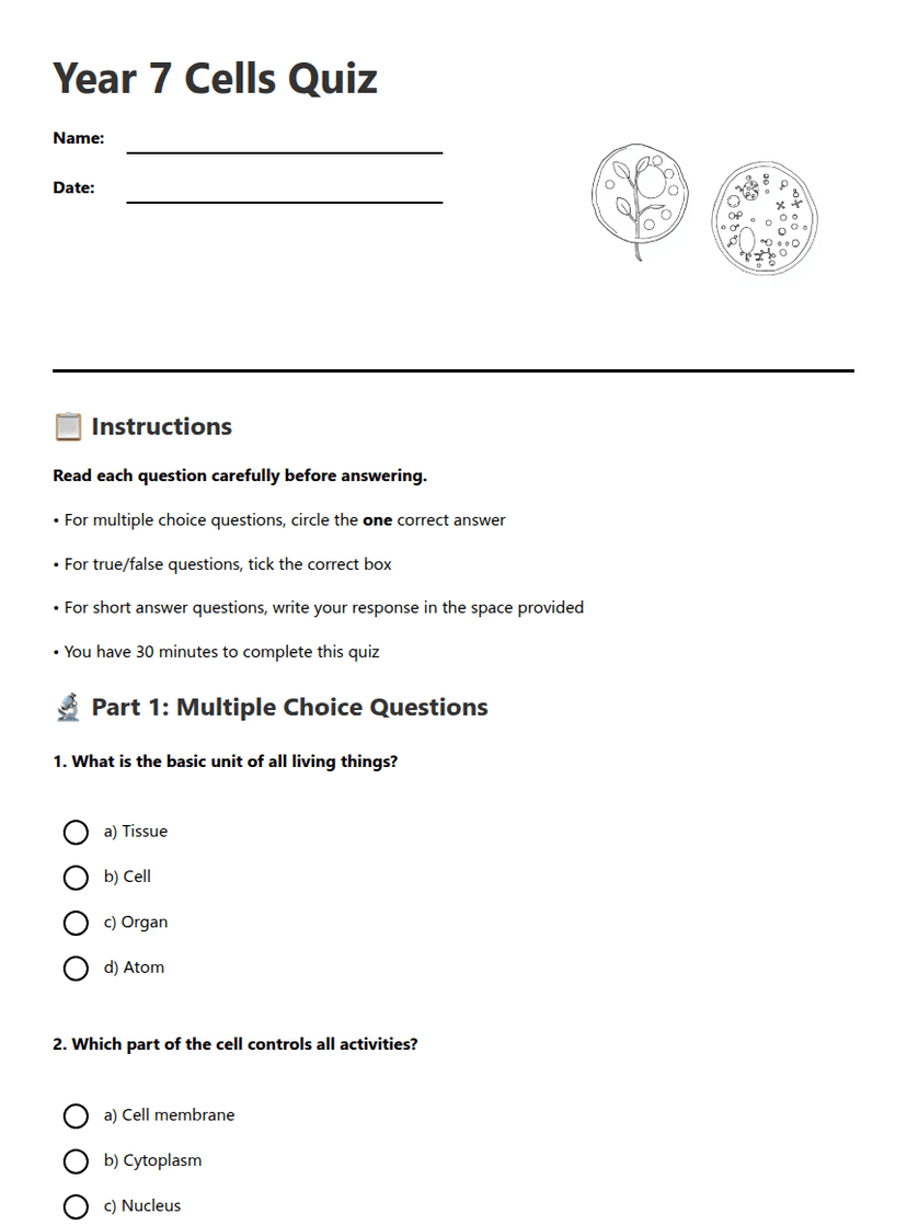 Year 7 Cells Quiz