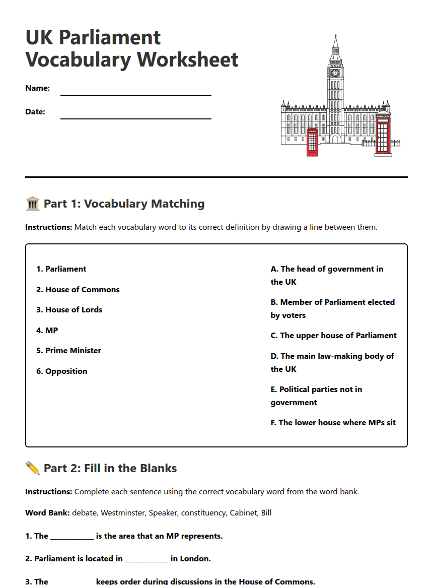 UK Parliament Vocabulary Worksheet worksheet preview