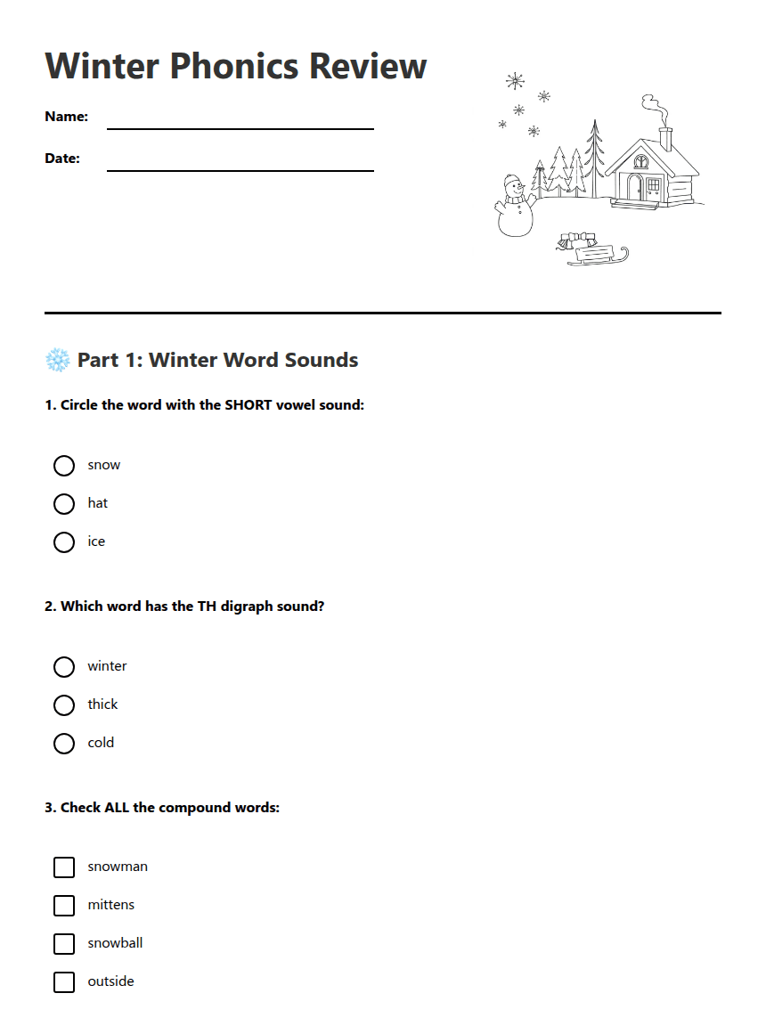 Winter Phonics Review worksheet preview
