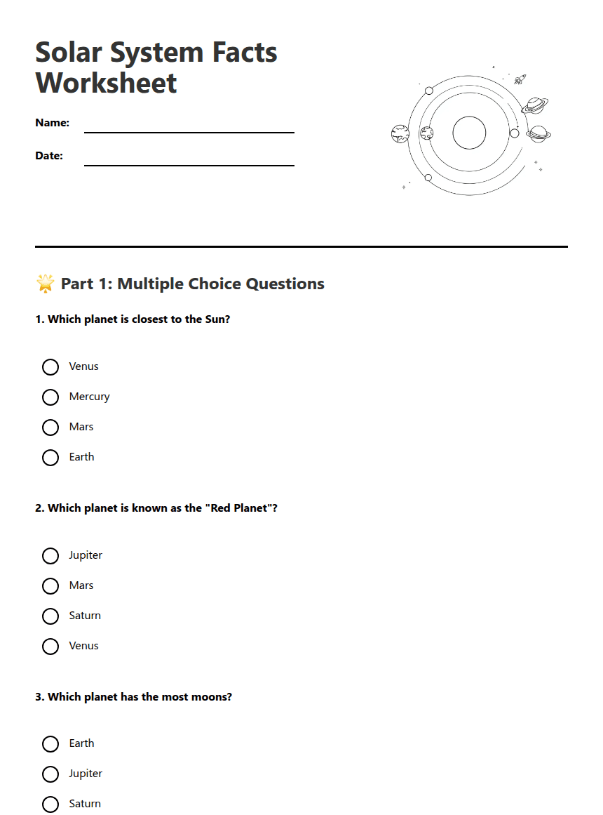 Solar System Facts Worksheet worksheet preview