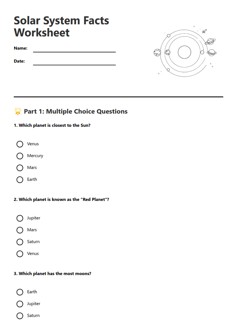Solar System Facts Worksheet