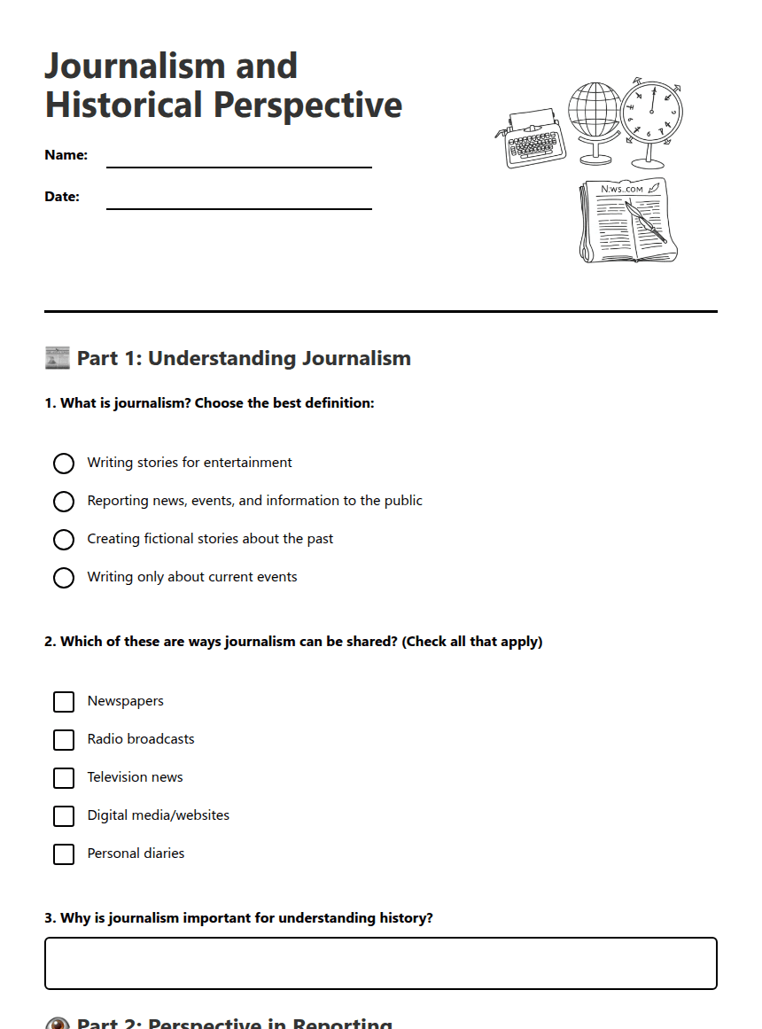 Journalism and Historical Perspective worksheet preview