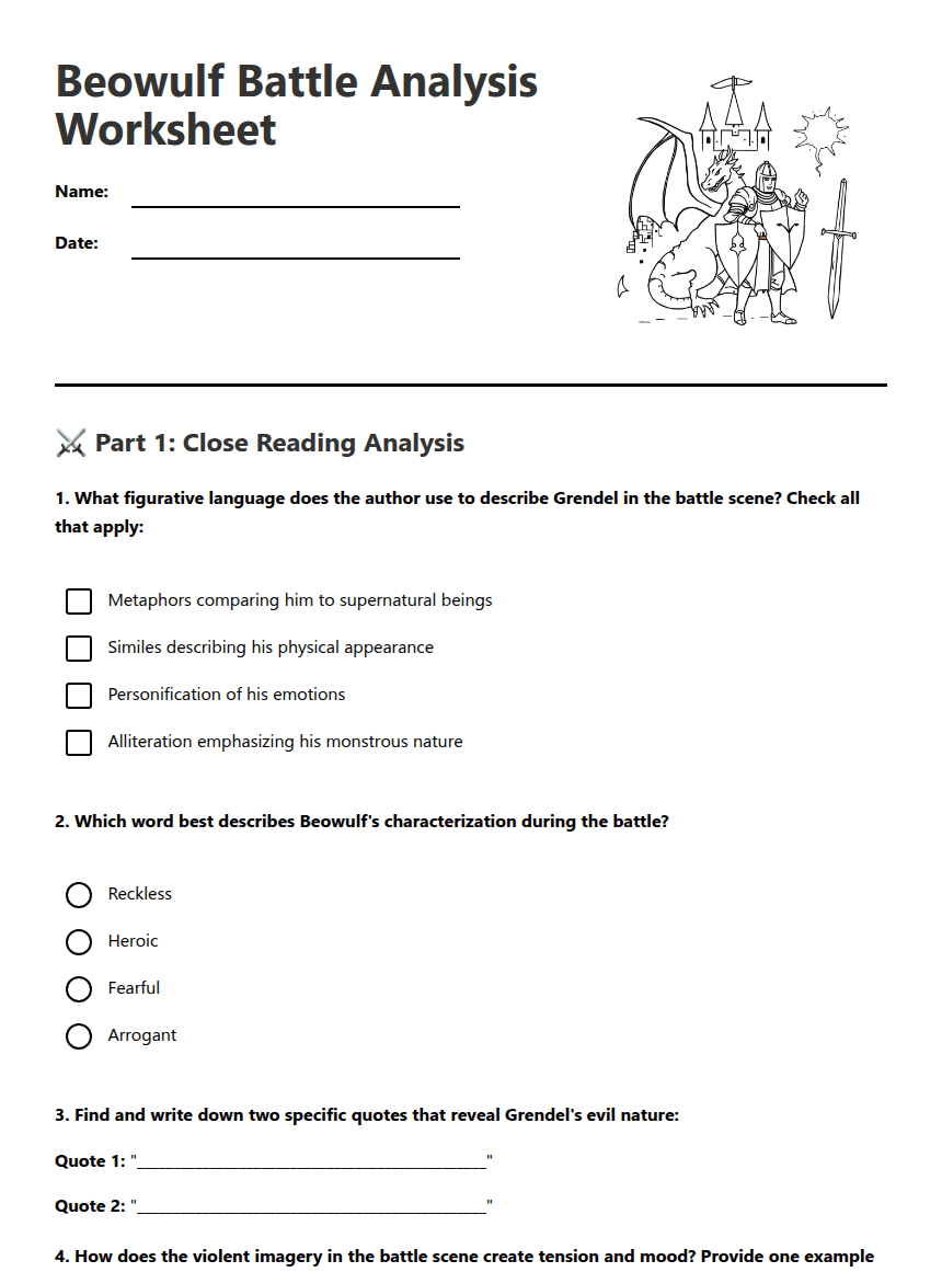 Beowulf Battle Analysis Worksheet worksheet preview