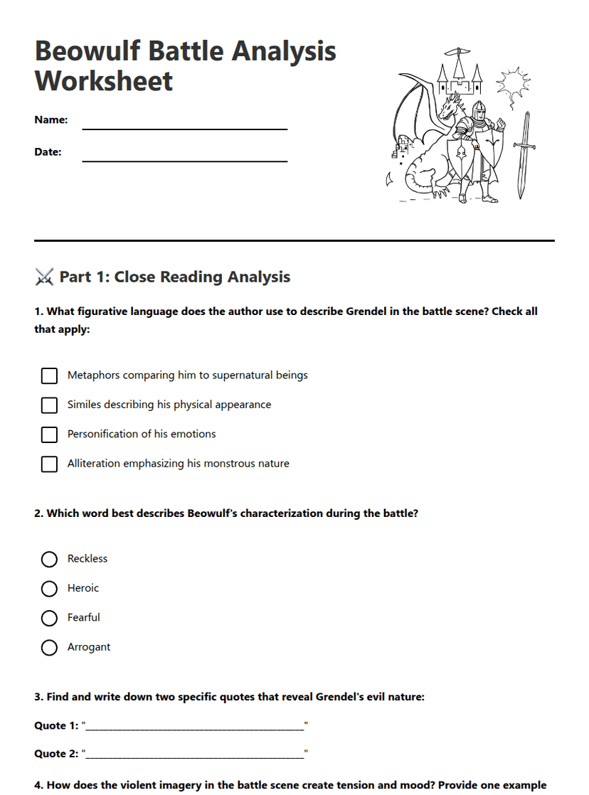 Beowulf Battle Analysis Worksheet