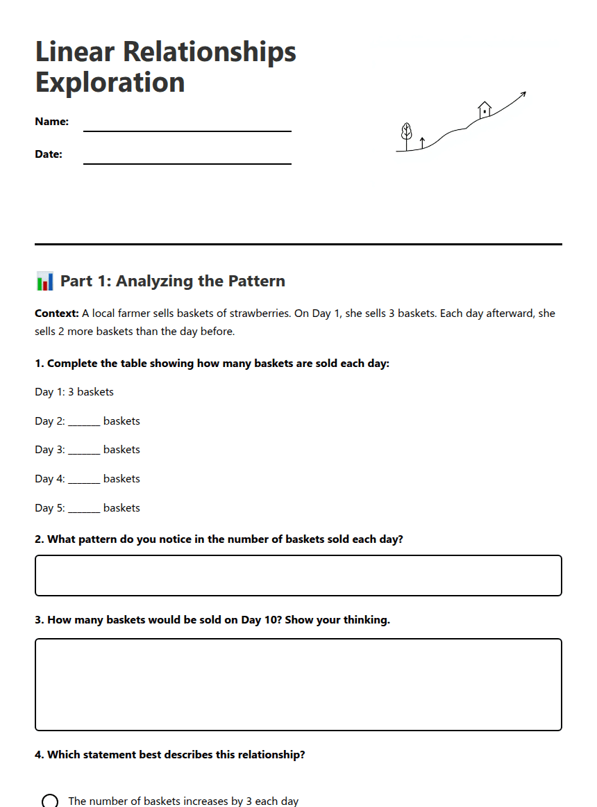 Linear Relationships Exploration worksheet preview