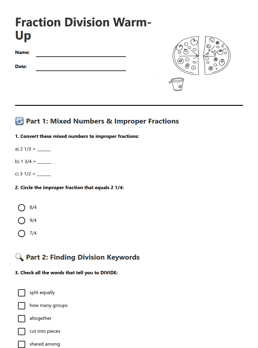 Fraction Division Warm-Up worksheet preview