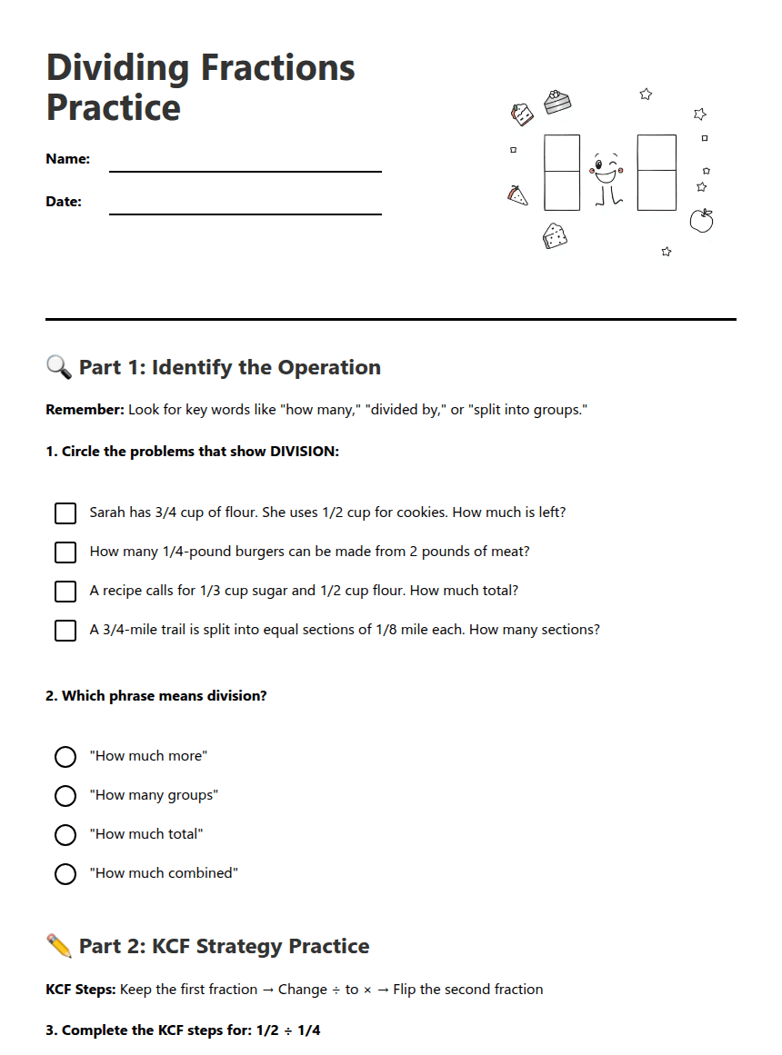 Dividing Fractions Practice worksheet preview