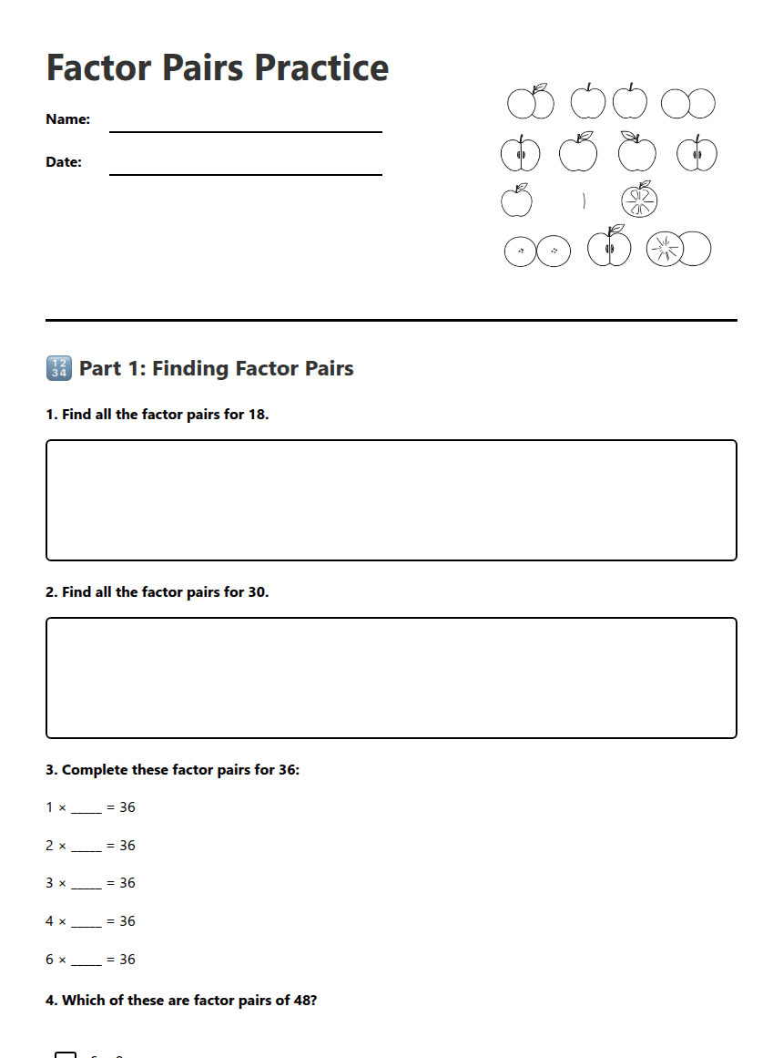 Factor Pairs Practice worksheet preview