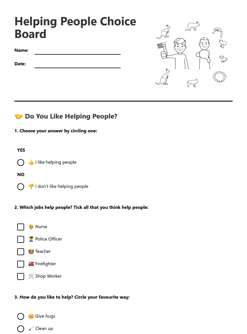 Helping People Choice Board worksheet preview