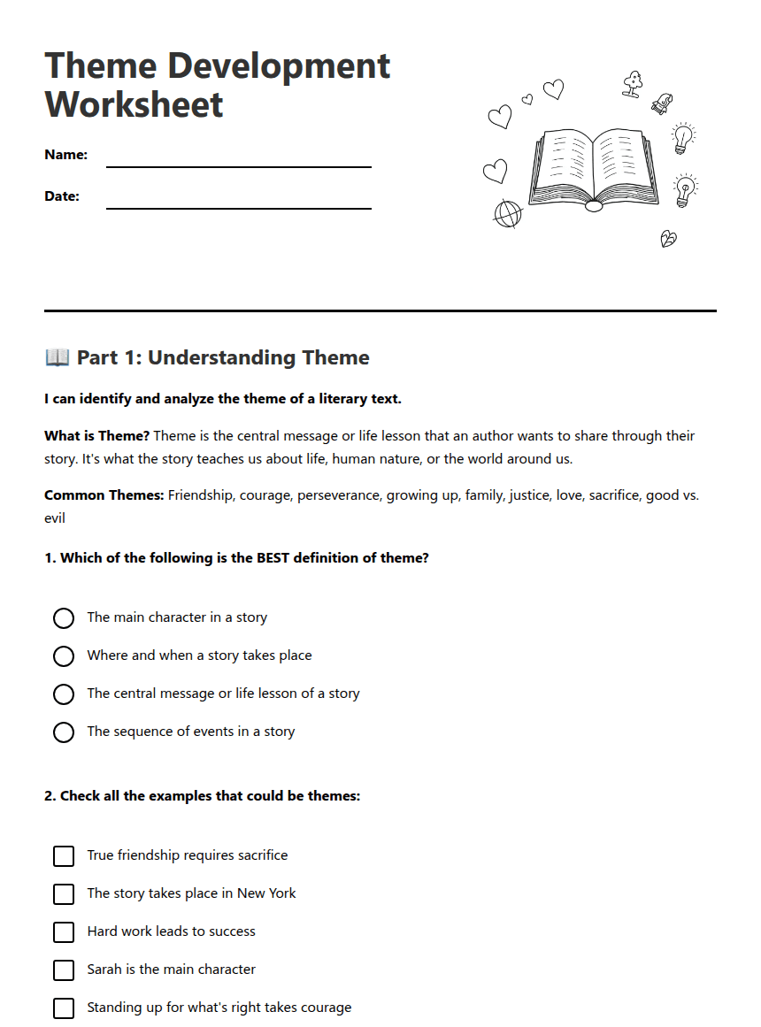 Theme Development Worksheet worksheet preview