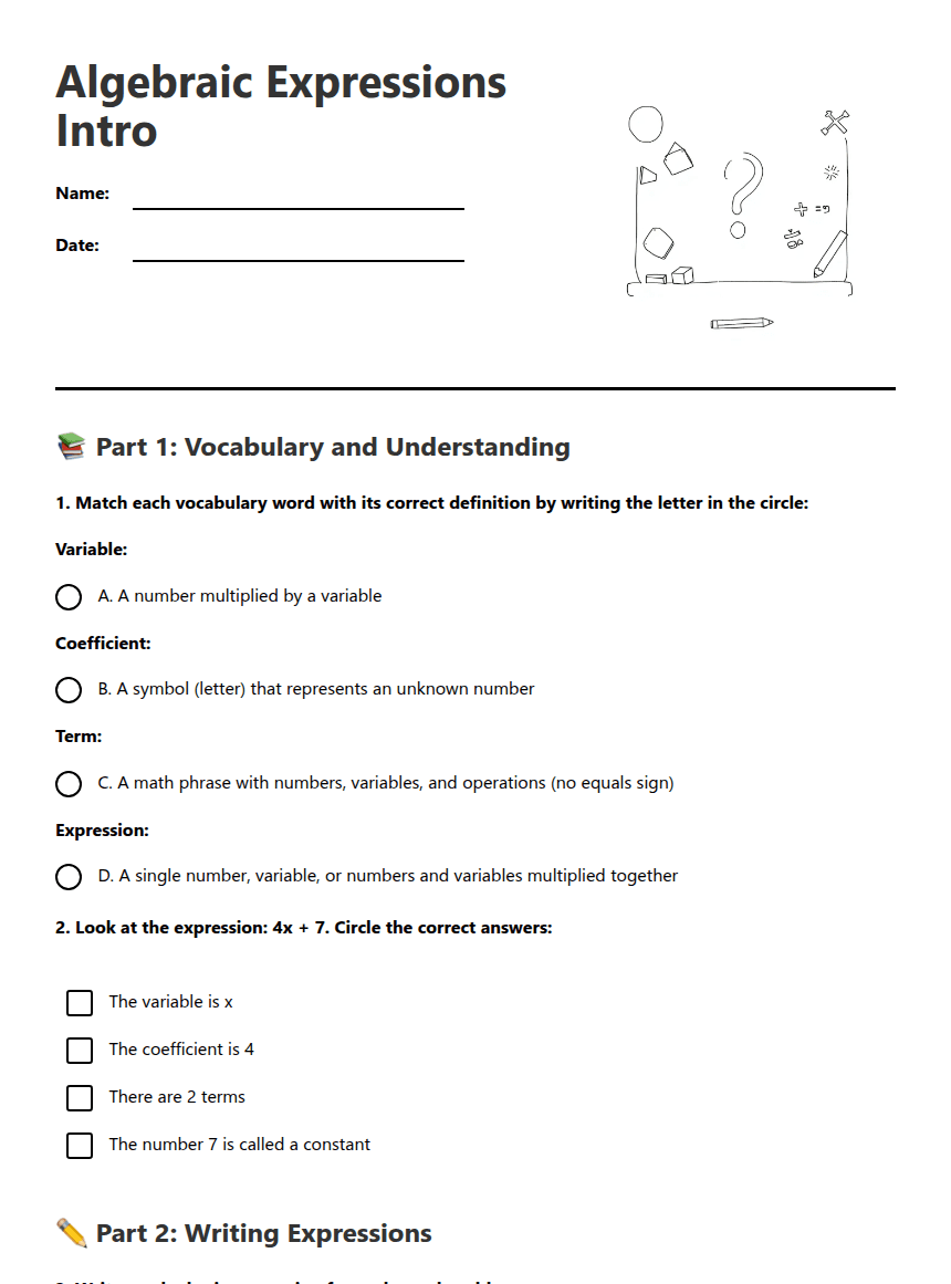 Algebraic Expressions Intro worksheet preview