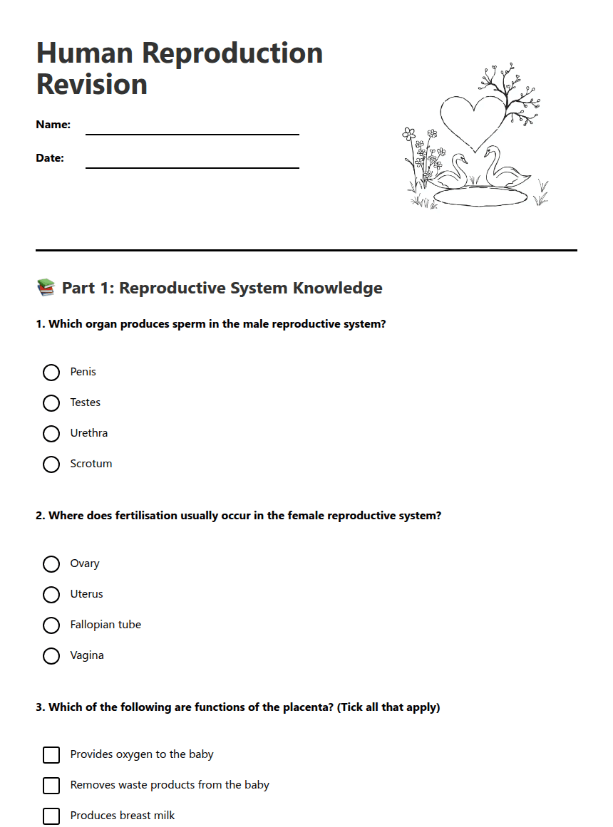 Human Reproduction Revision worksheet preview