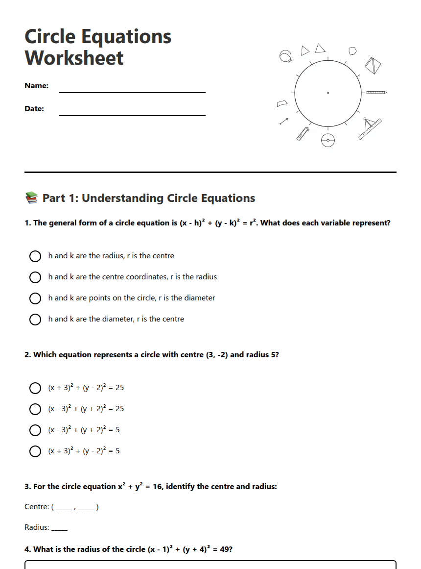 Circle Equations Worksheet worksheet preview
