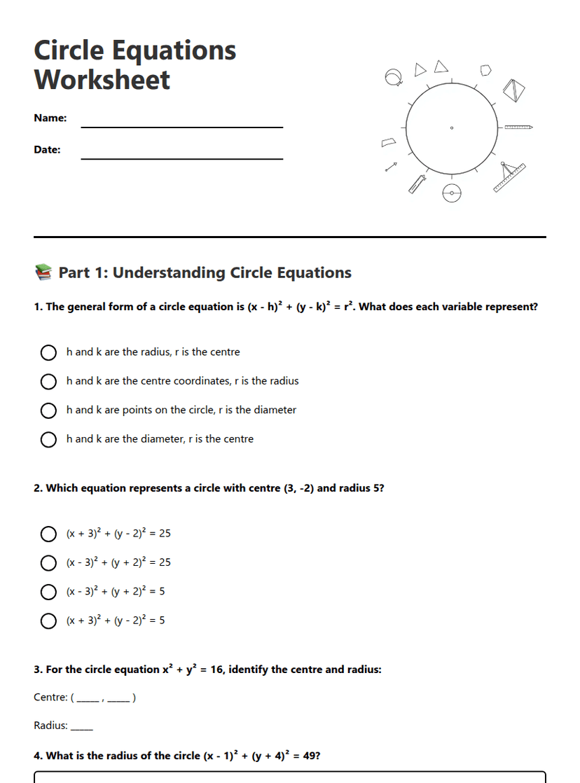 Circle Equations Worksheet