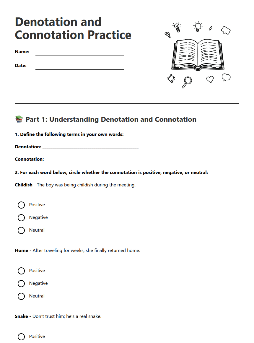 Denotation and Connotation Practice worksheet preview