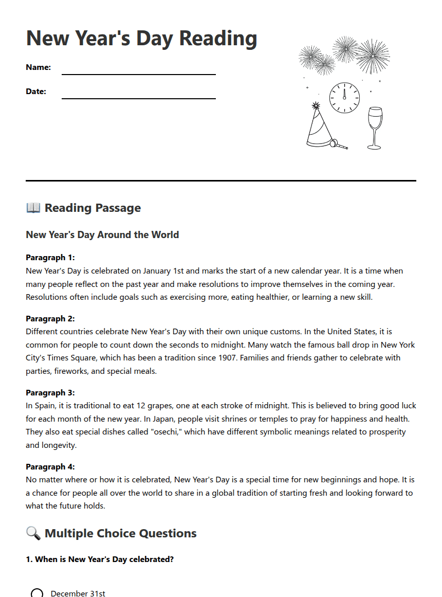 New Year's Day Reading worksheet preview