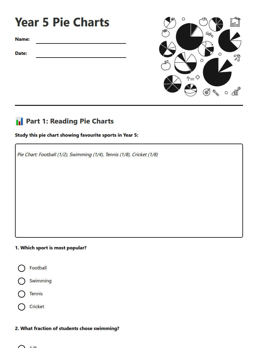Year 5 Pie Charts worksheet preview