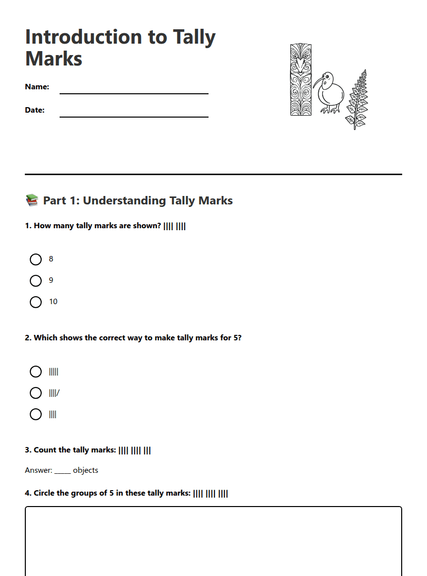 Introduction to Tally Marks worksheet preview