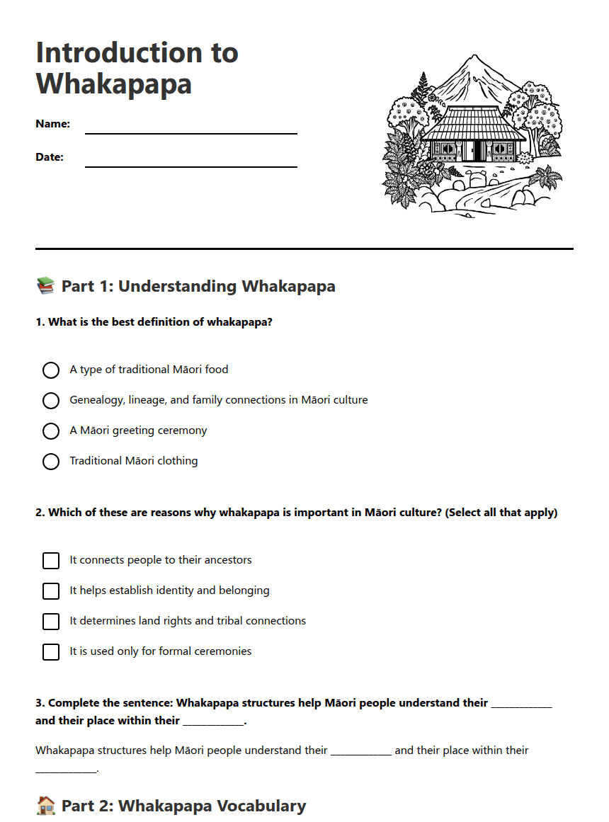 Introduction to Whakapapa worksheet preview