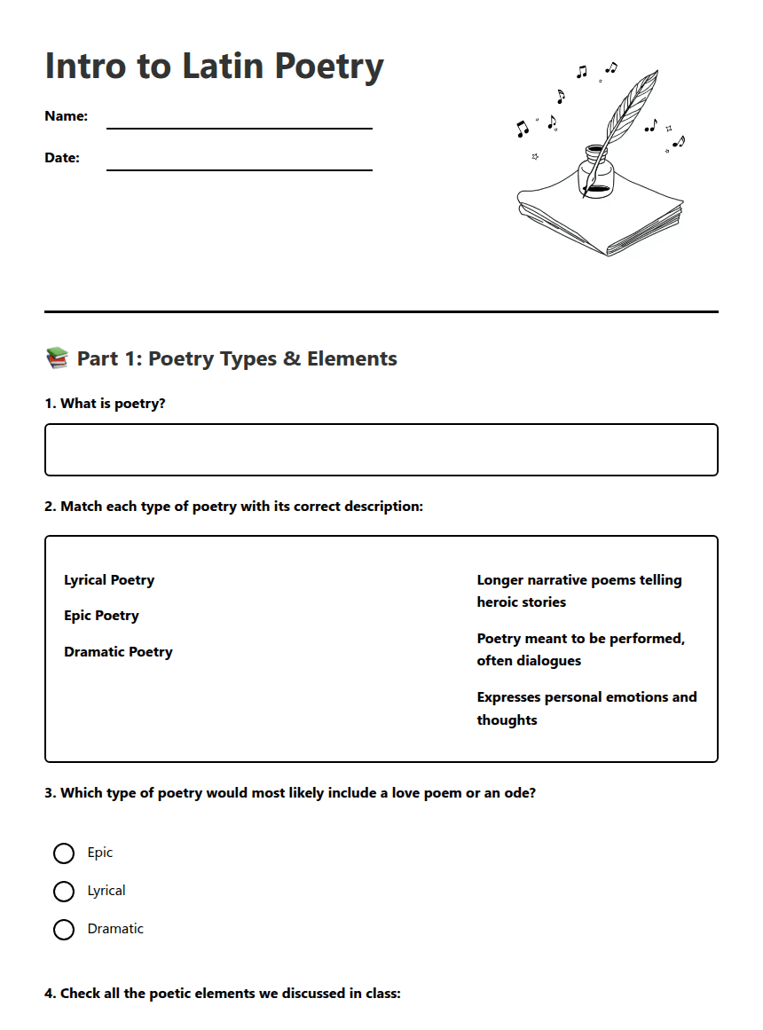 Intro to Latin Poetry worksheet preview