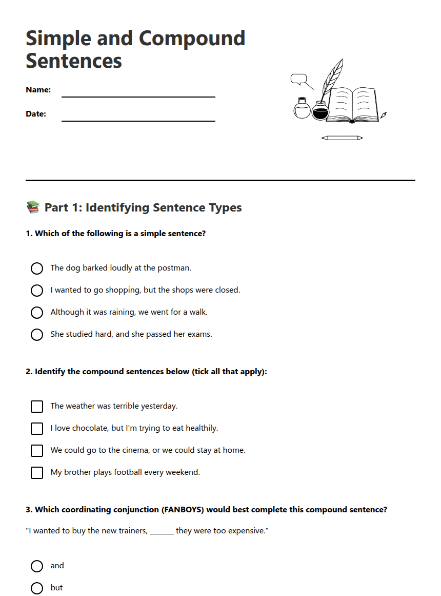 Simple and Compound Sentences worksheet preview