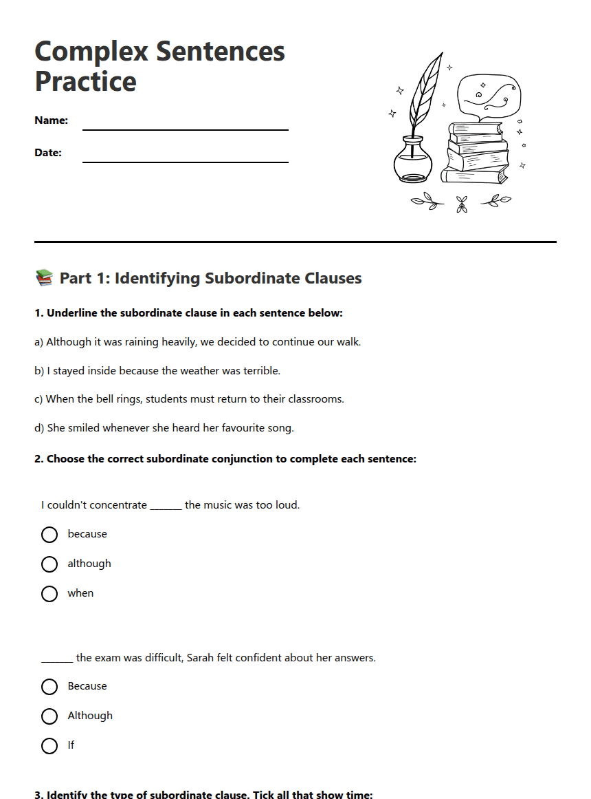 Complex Sentences Practice worksheet preview