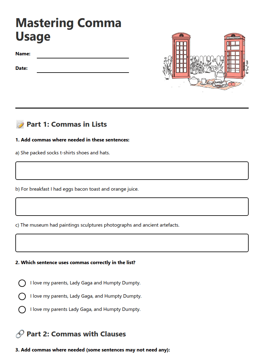 Mastering Comma Usage worksheet preview