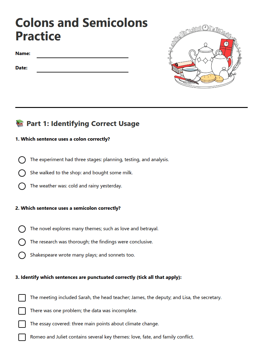 Colons and Semicolons Practice worksheet preview