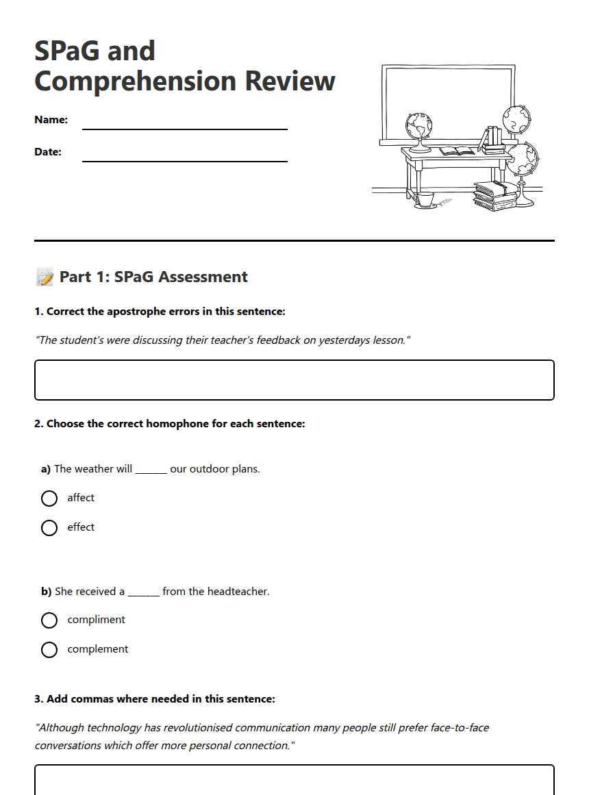 SPaG and Comprehension Review worksheet preview