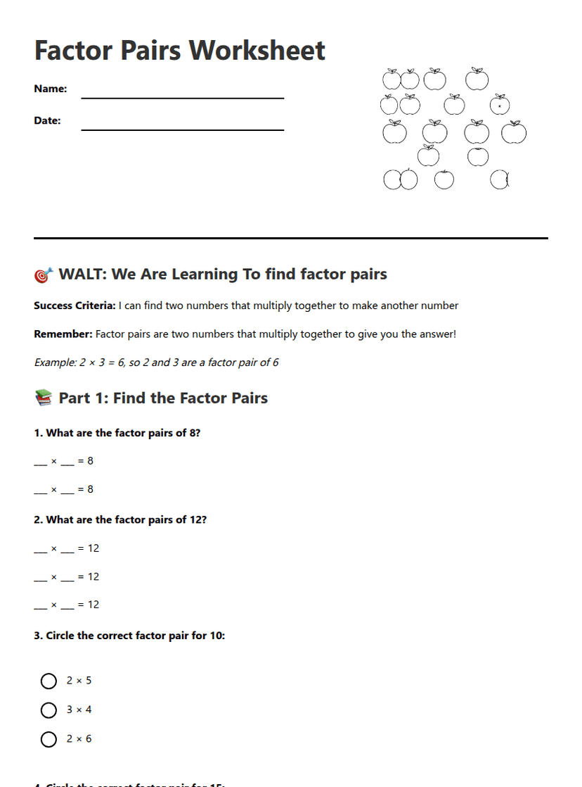 Factor Pairs Worksheet