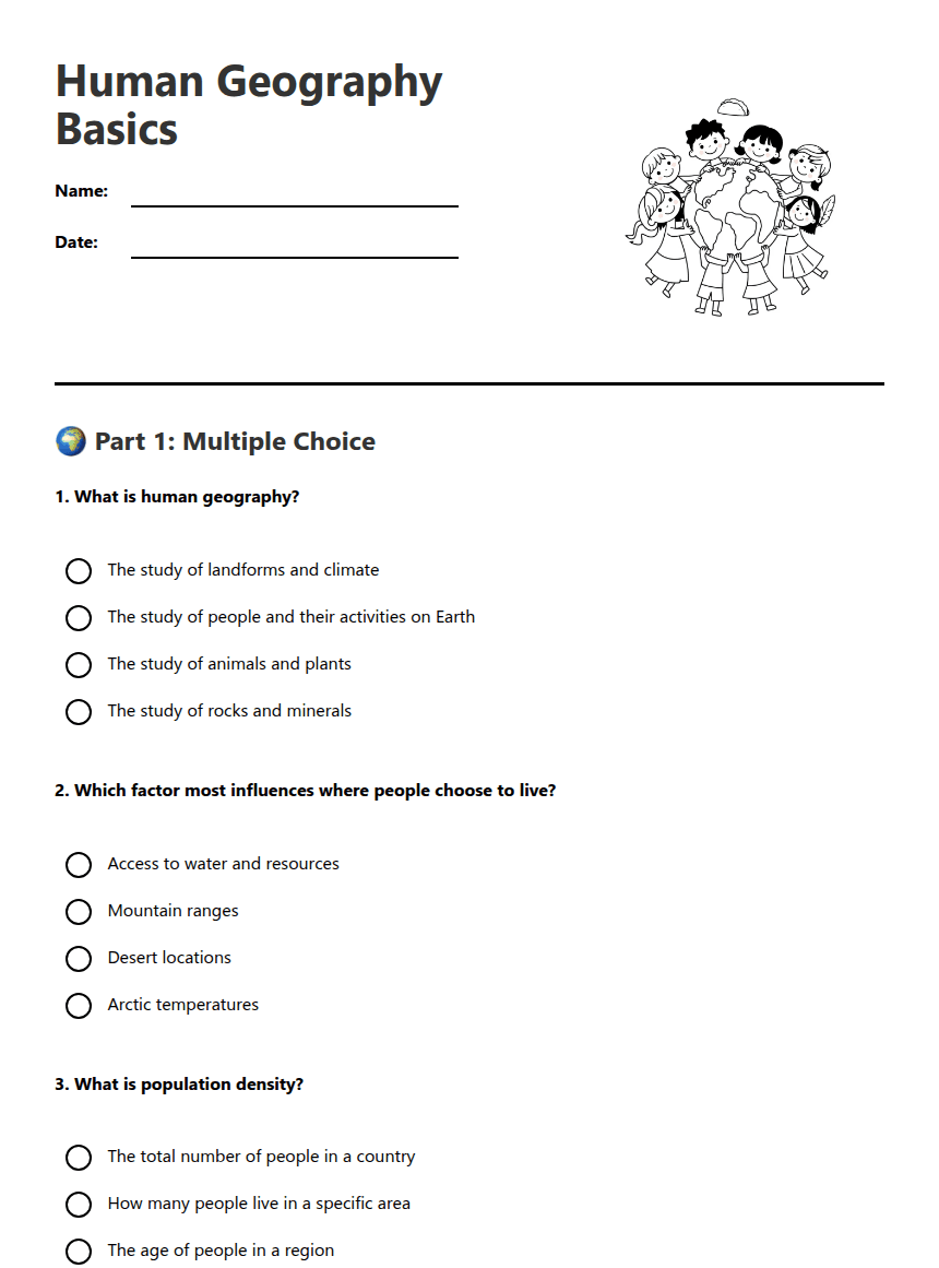 Human Geography Basics worksheet preview