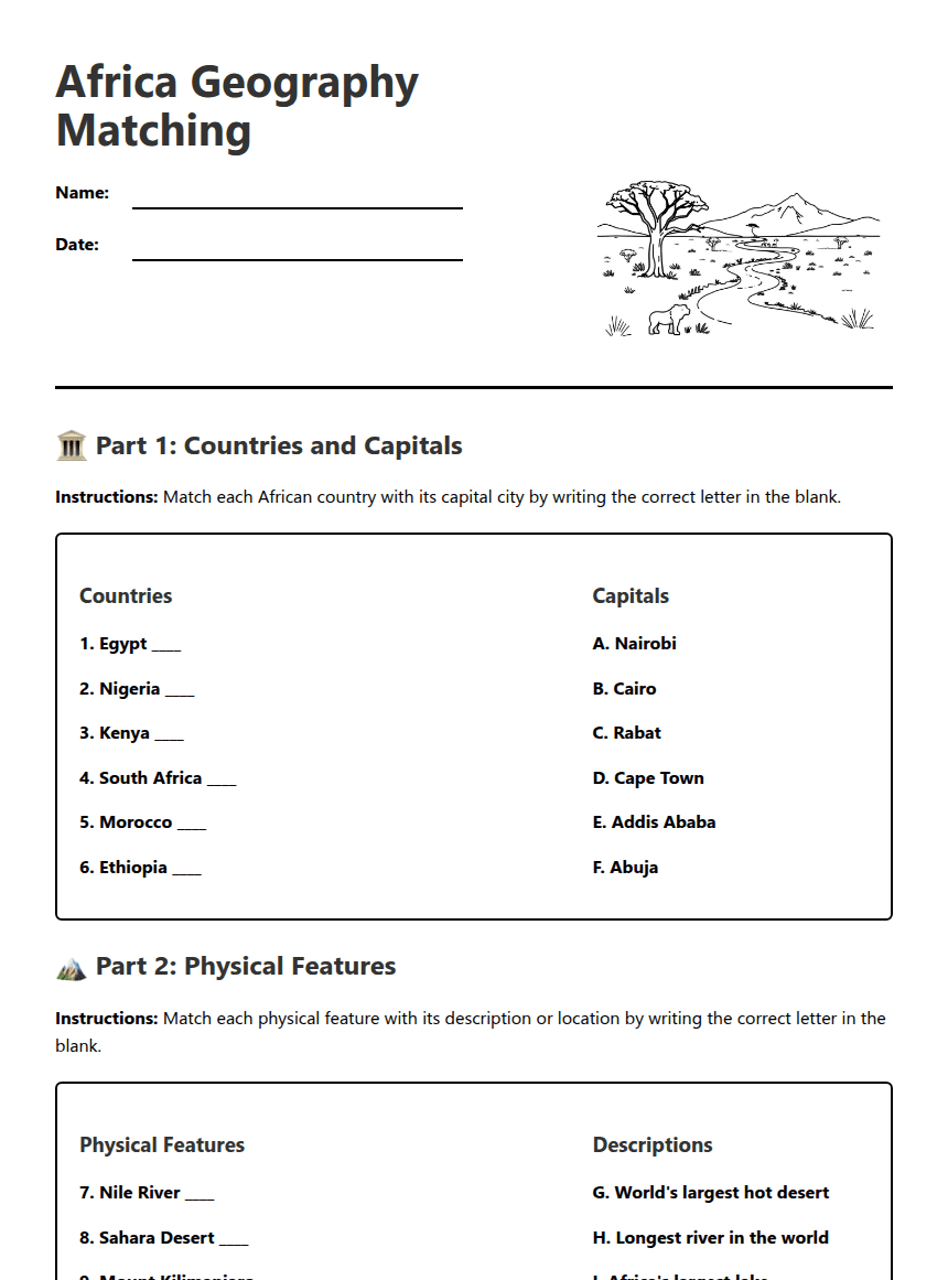 Africa Geography Matching worksheet preview