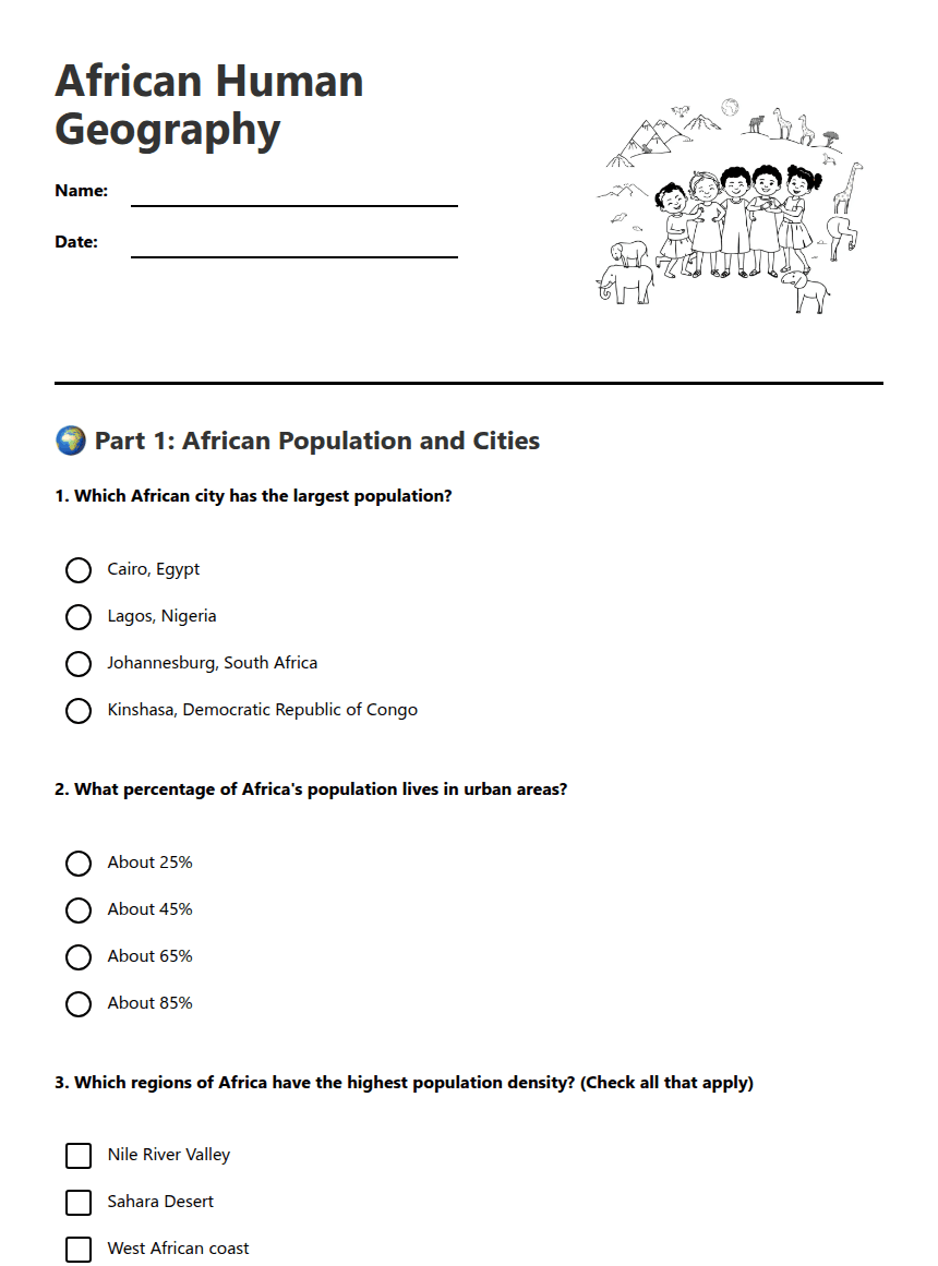 African Human Geography worksheet preview