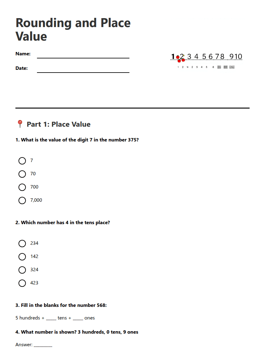 Rounding and Place Value worksheet preview
