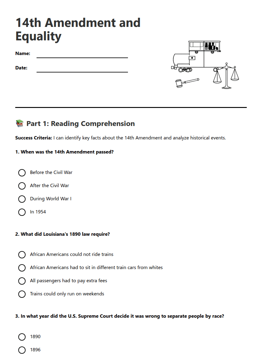 14th Amendment and Equality worksheet preview