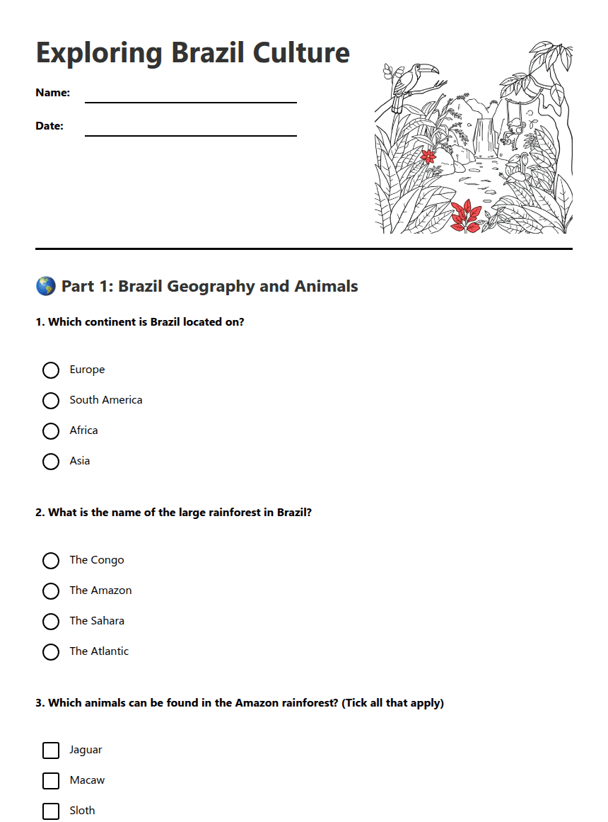 Exploring Brazil Culture worksheet preview